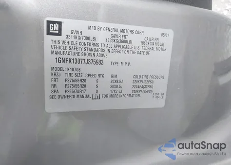 2007 Chevrolet Tahoe Lt z USA, uszkodzony, nr VIN 1GNFK13077J375983